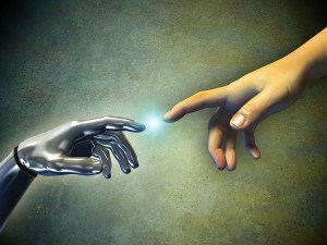 machine hand touching human hand