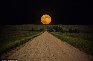The Moon, big and low at the end of a road